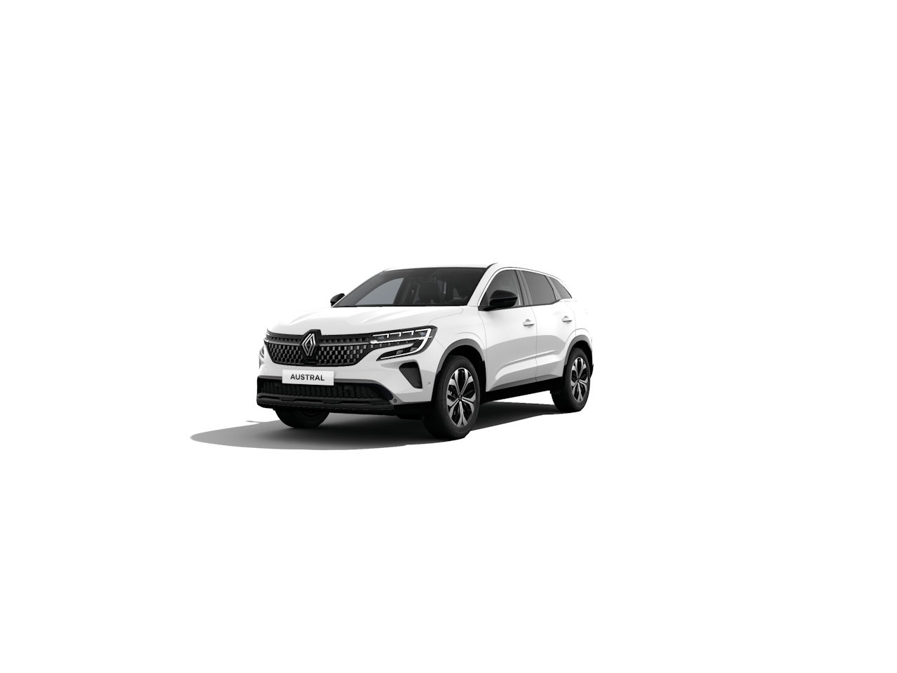 Weißer SUV Renault Austral auf weißem Hintergrund, moderne Linien und stilvolles Design.