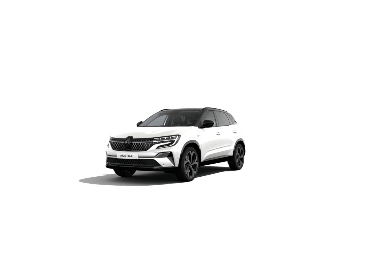 Weißer Renault Austral SUV mit sportlichem Design und schwarzen Radsätzen in frontalem Blick.