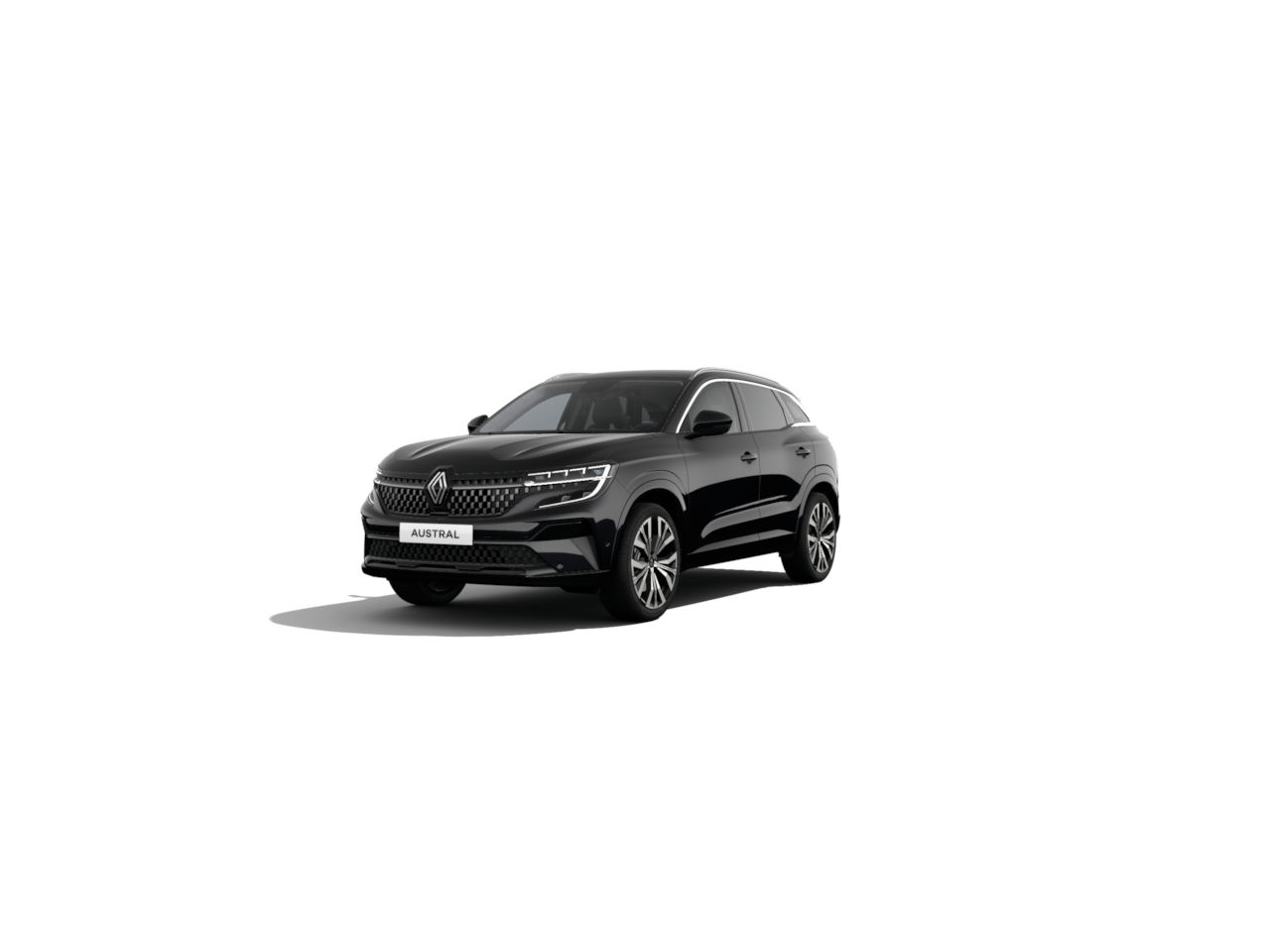 Schwarzer Renault Austral SUV vor weißem Hintergrund, stilvolles Design, moderne Eigenschaften.
