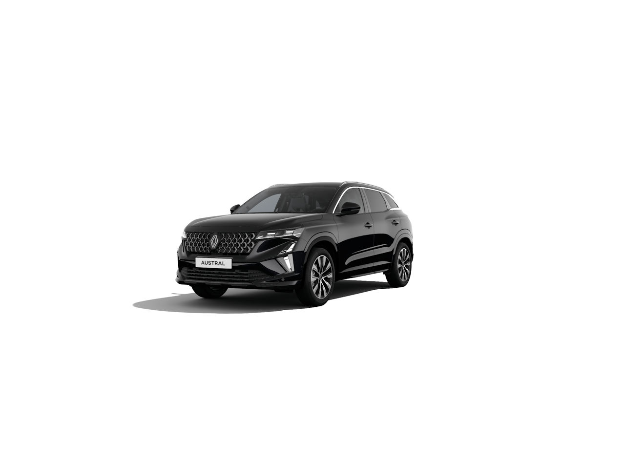 Schwarzes SUV Renault Austral auf weißem Hintergrund, modernes Design und elegante Linien.