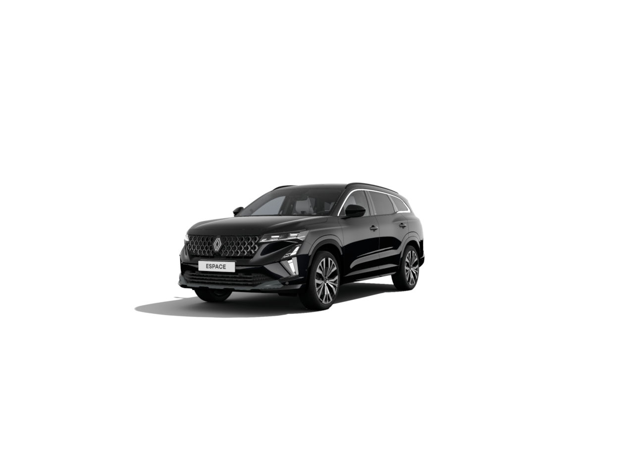 Schwarzer Renault Espace SUV, moderne Linien, elegante Ausstattung, auf weißem Hintergrund.