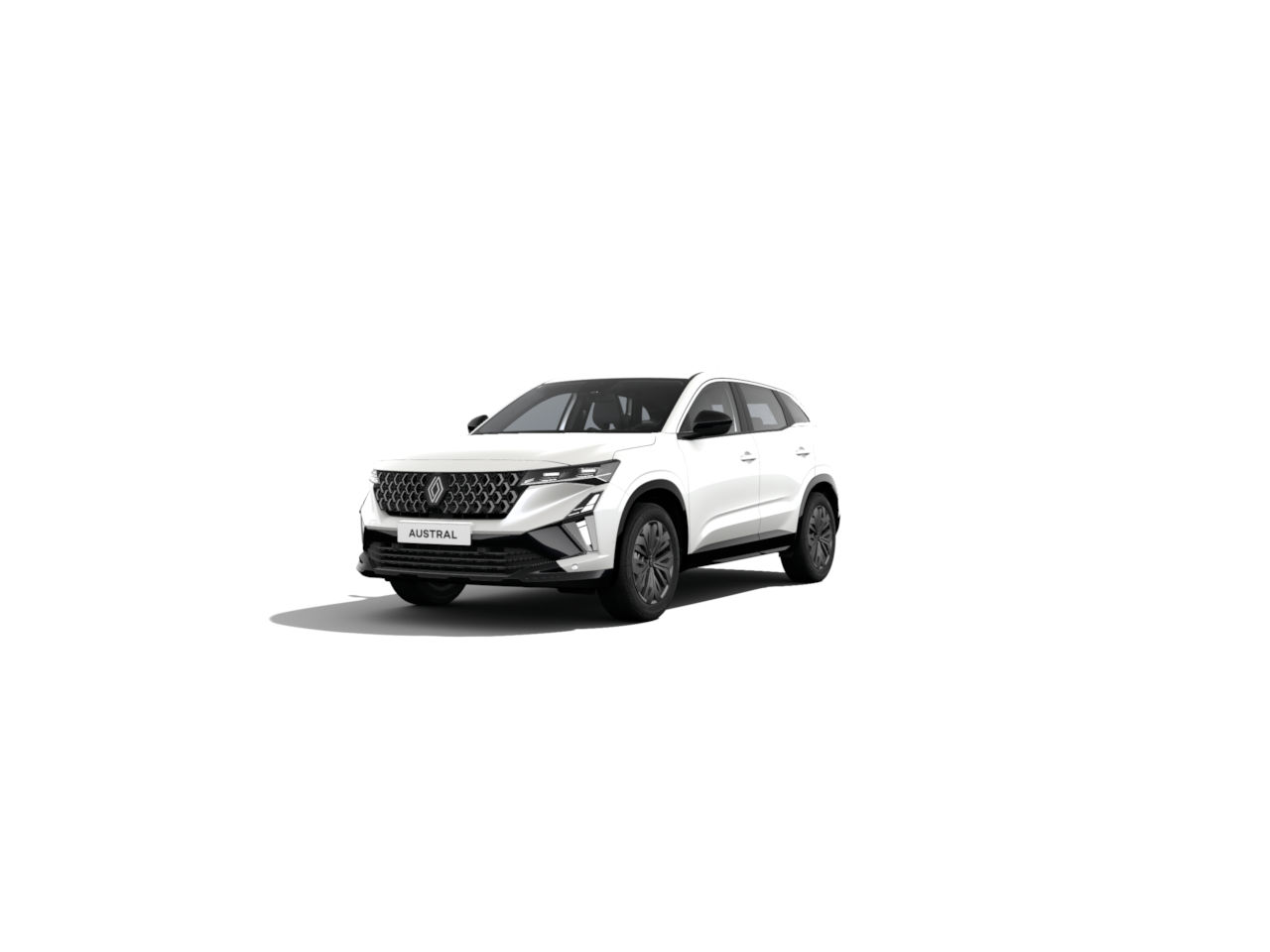 Weißer SUV Renault Austral vor weißem Hintergrund, modernes Design mit markanter Front.