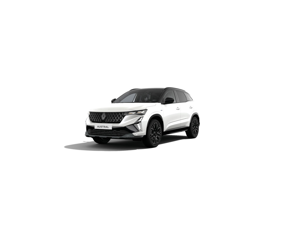 Ein weißer Renault Austral SUV mit sportlichem Design und schwarzen Felgen auf weißem Hintergrund.