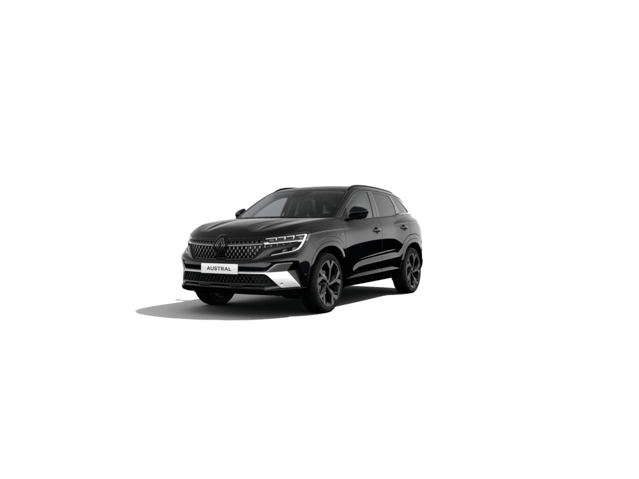 Schwarzer Renault Austral SUV auf weißem Hintergrund, modernes Design und sportliche Reifen.