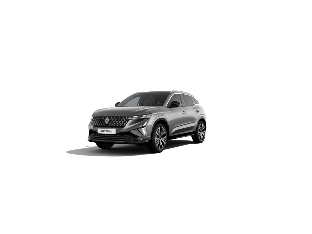 Renault Austral: elegantes SUV in Grau, frontalansicht auf weißem Hintergrund, modern und sportlich.