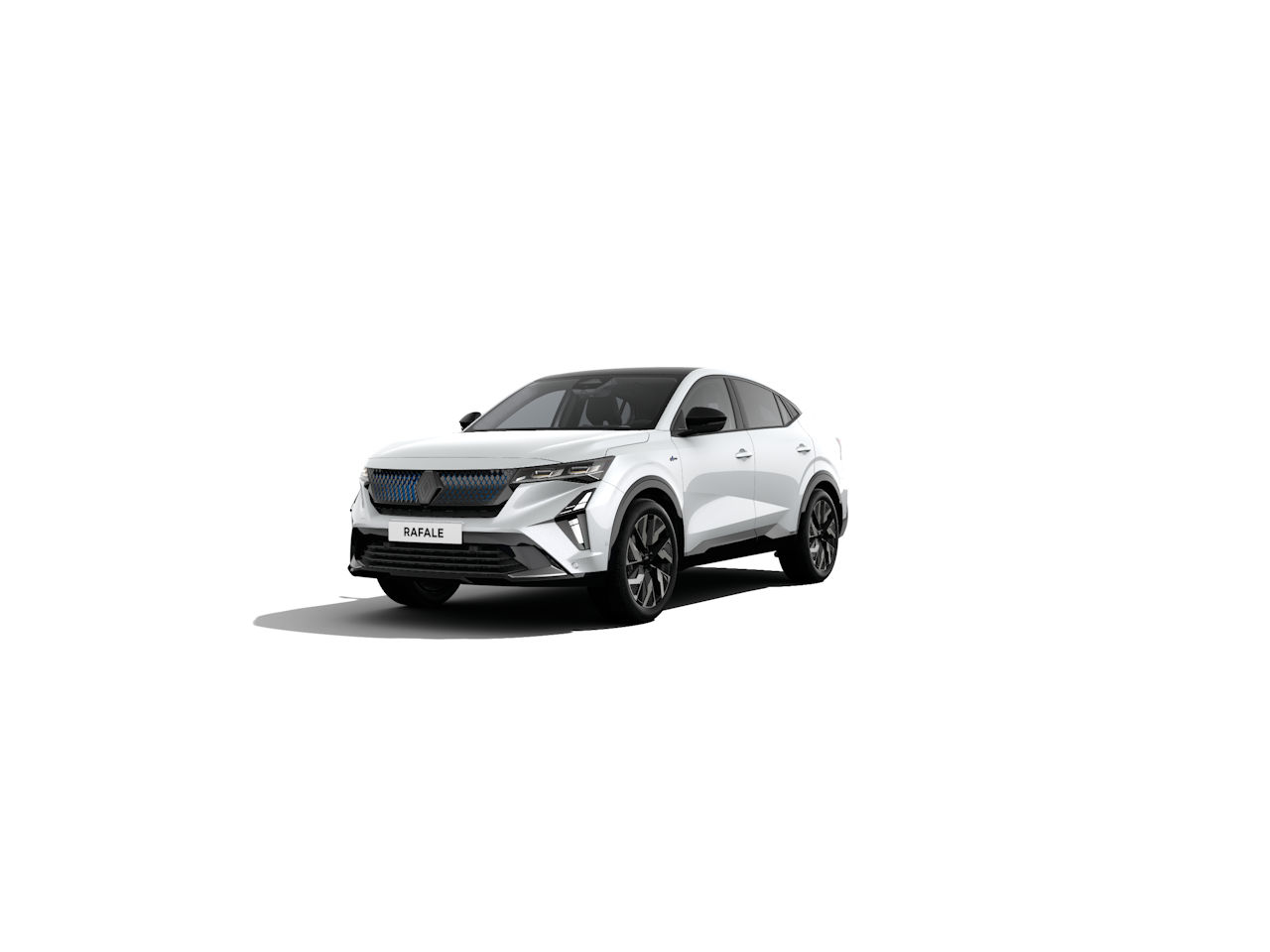 Weißer SUV mit sportlichem Design und schwarzen Felgen, frontal abgebildet.