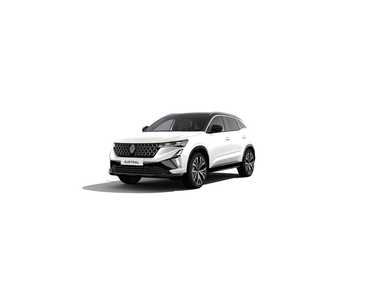 Weißer Renault Austral SUV vor weißem Hintergrund, modernes Design und markante Frontansicht.