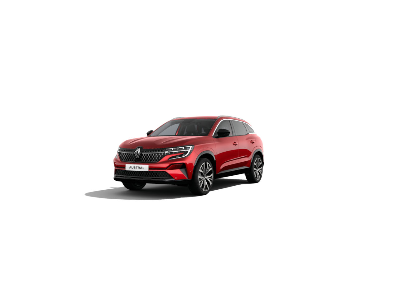 Renault Austral in leuchtendem Rot auf weißem Hintergrund, modernes SUV-Design.