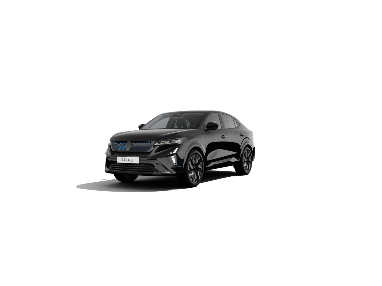 Schwarzes Auto, Modell Rafale, auf weißem Hintergrund präsentiert, sportliches Design und elegante Linien.