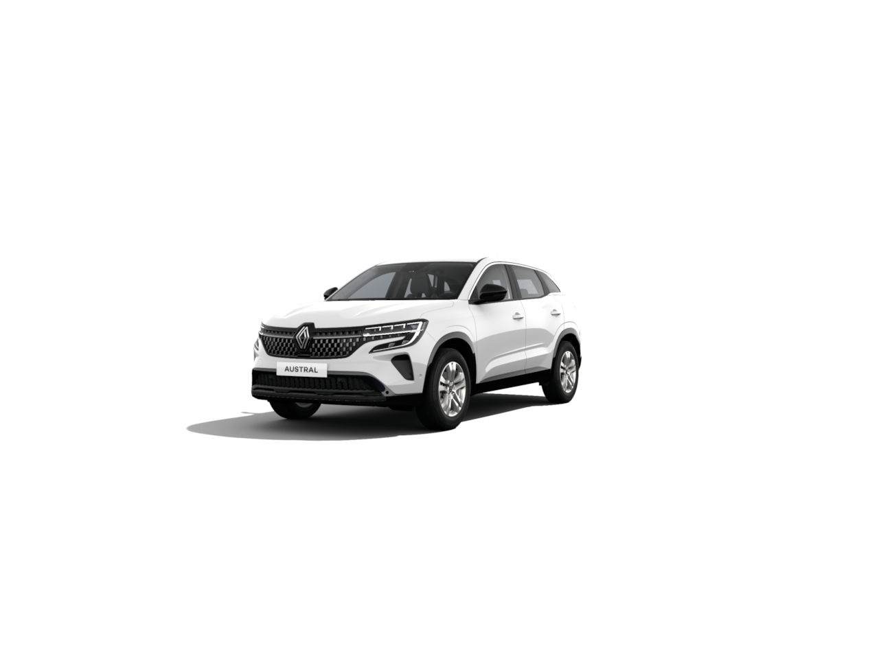 Renault Austral, ein moderner, weißer SUV, steht auf einer weißen Fläche, von der Seite fotografiert.