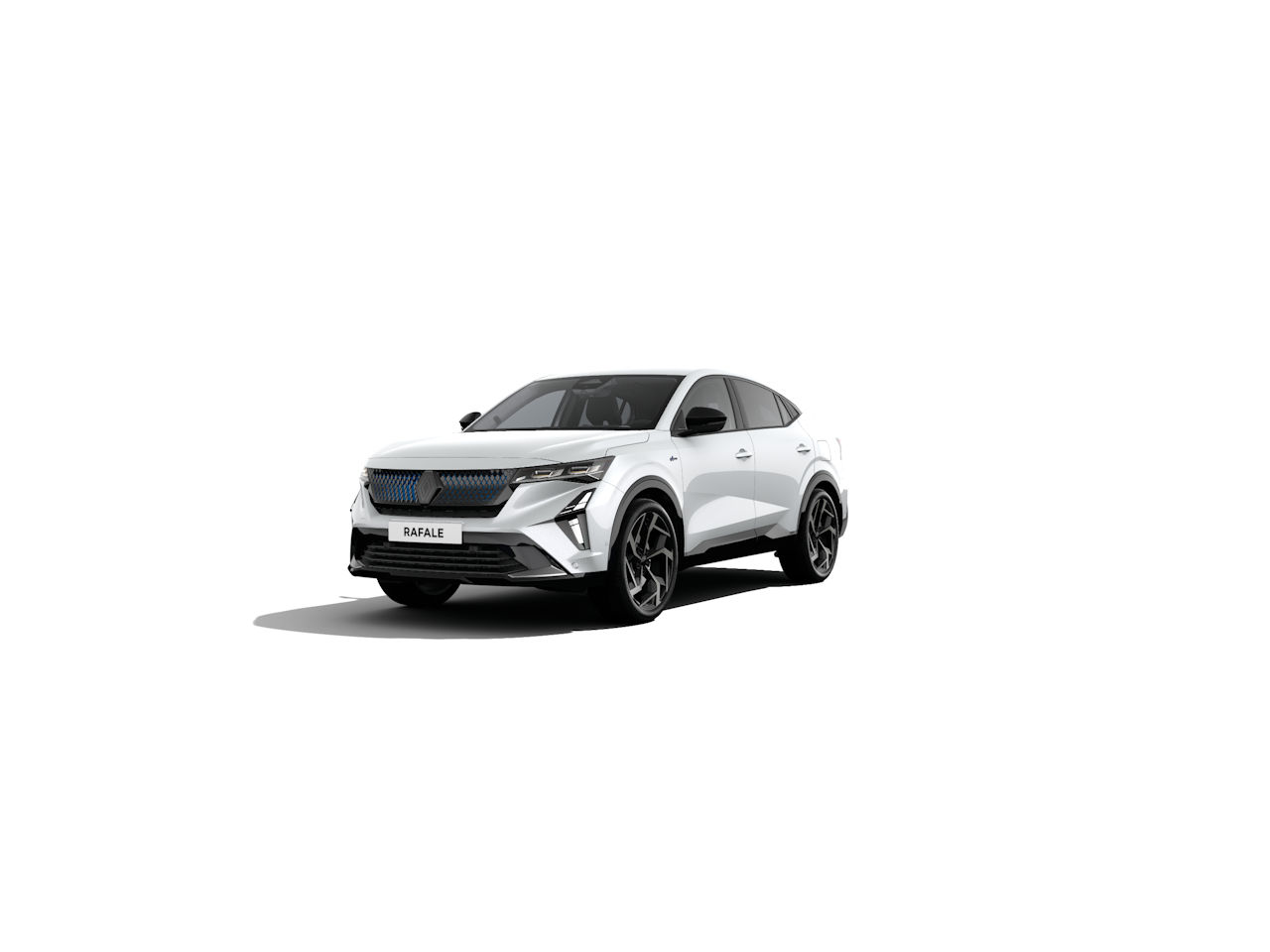 Ein moderner, weißer SUV mit sportlichem Design und schwarzen Felgen auf weißem Hintergrund.