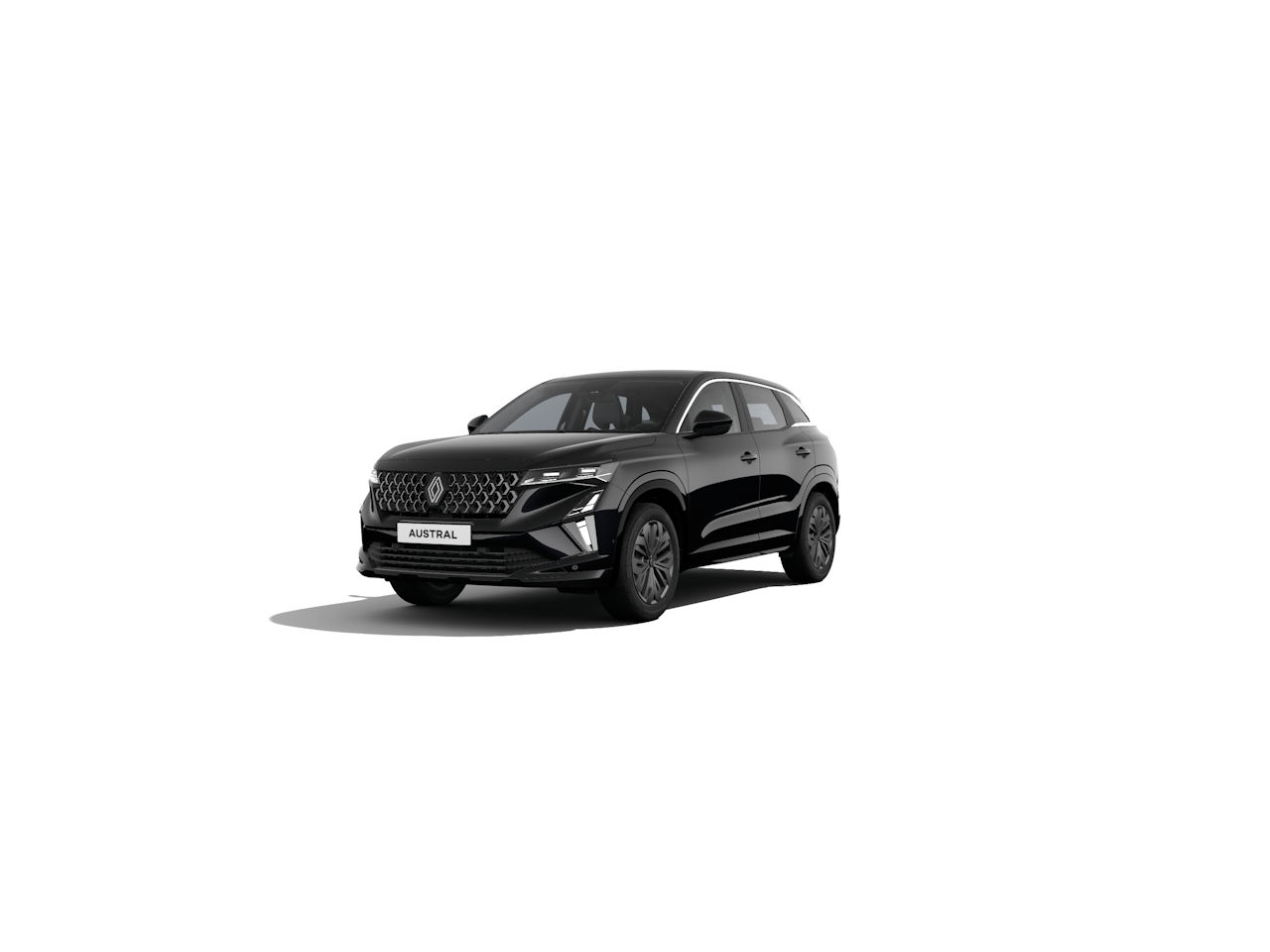 Schwarzer SUV Renault Austral in Seitenansicht auf weißem Hintergrund. Stilvolles Design und markante Frontpartie.