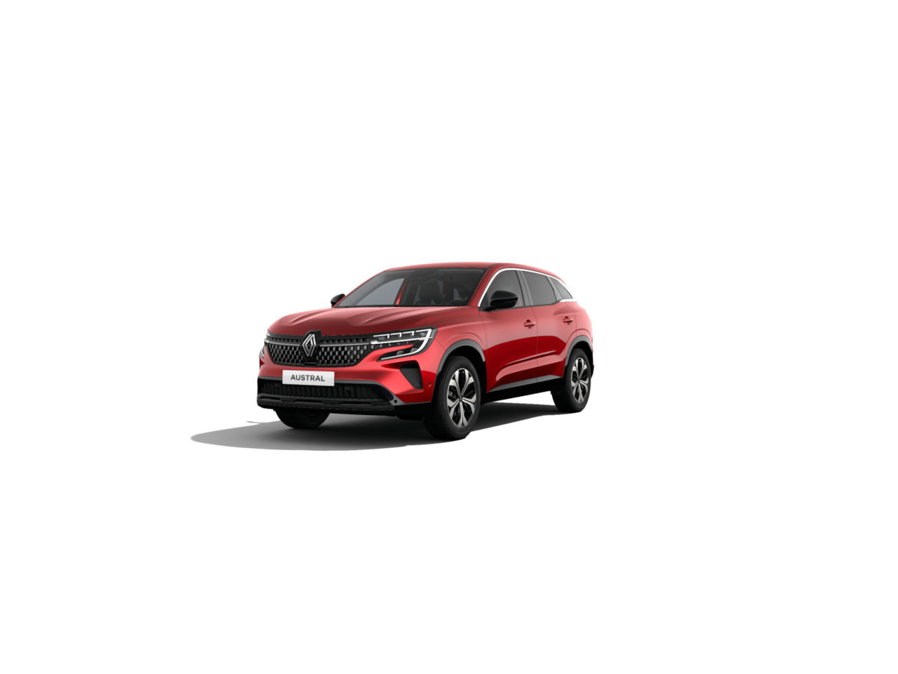 Roter Renault Austral SUV in Frontansicht auf weißem Hintergrund, modern und stylish.