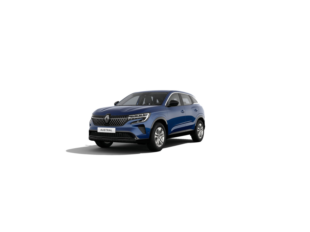 Ein blauer Renault Austral SUV steht auf einem weißen Hintergrund.