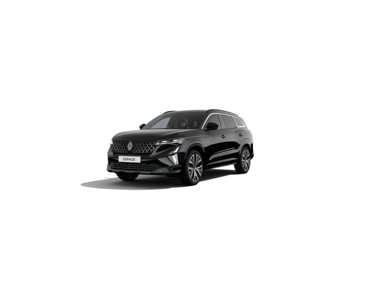 Schwarzer SUV, Renault Espace, im Fokus auf weißem Hintergrund, modernes Design und sportliche Ausstrahlung.