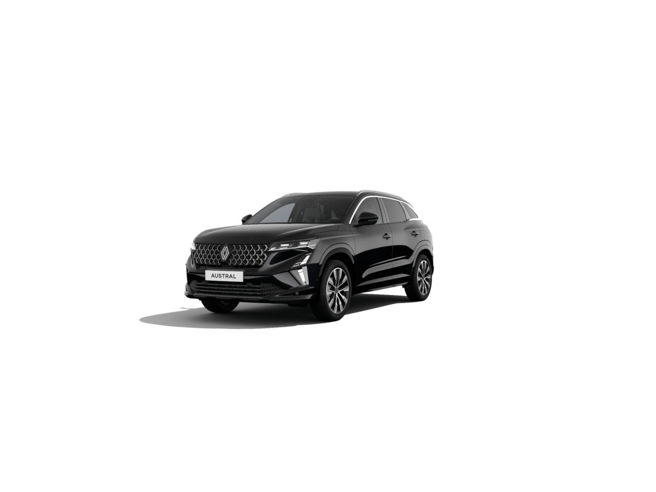 Schwarzes SUV der Marke Renault, Modell Austrial, seitliche Ansicht auf weißem Hintergrund.