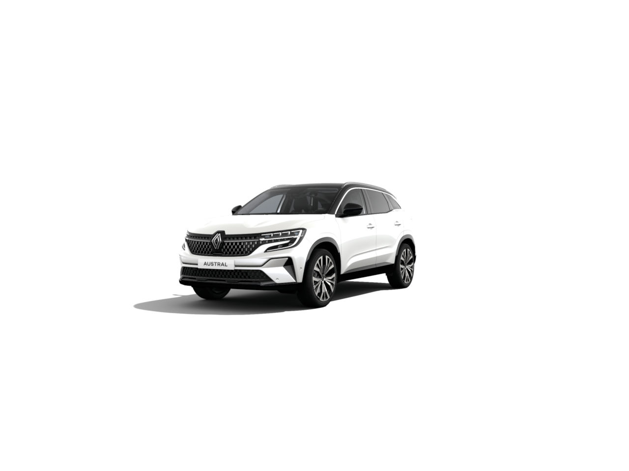 Weißer Renault Austral SUV, Vorderansicht, auf weißem Hintergrund.