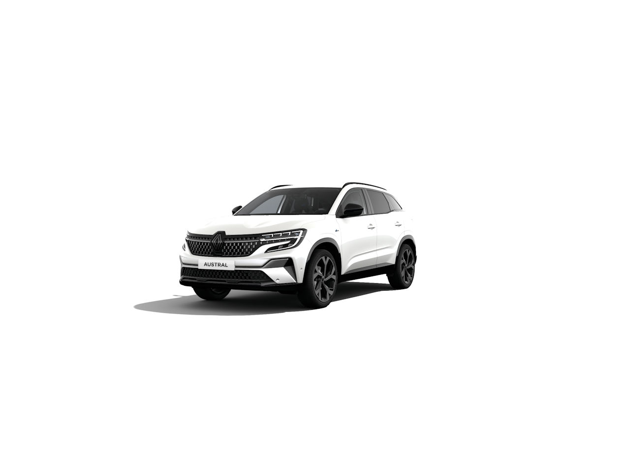 Weißer Renault Austral SUV auf hellem Hintergrund, moderne Fahrzeugdesign, sportliche Frontpartie.