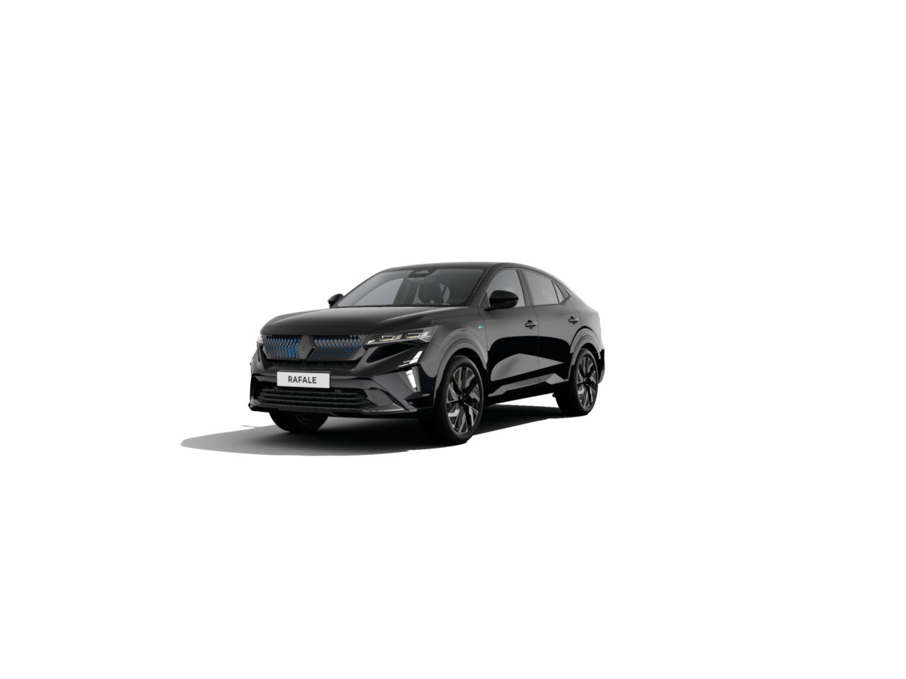 Schwarzes Auto, Modell Rafale, auf weißem Hintergrund, moderne Sportlimousine mit eleganten Linien.