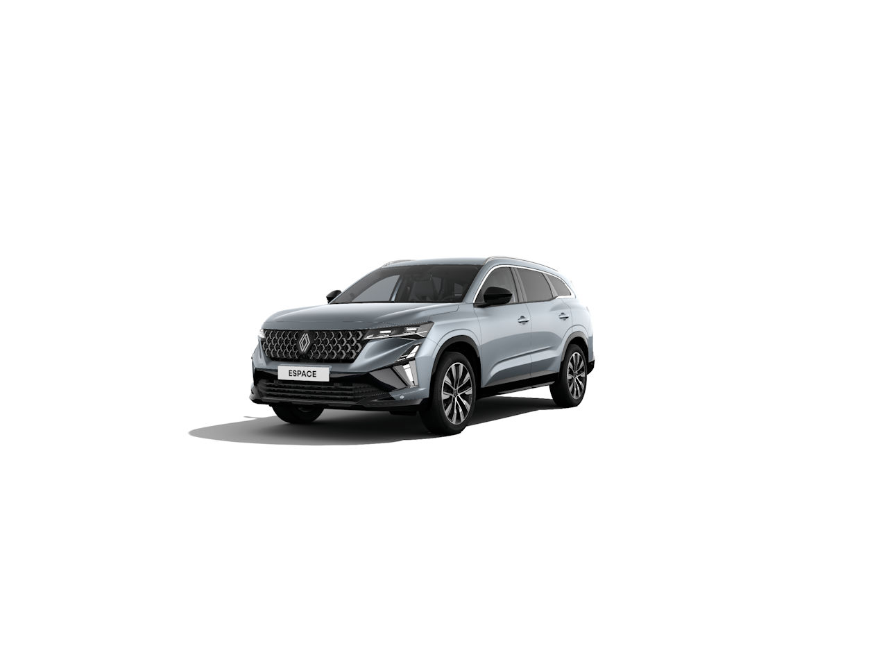 Silberner Renault Espace, moderner SUV mit sportlichem Design und großzügigem Innenraum auf weißem Hintergrund.