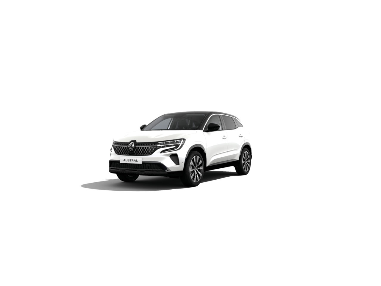 Renault Austral, ein moderner, eleganter SUV in Weiß, vor einem minimalistischen Hintergrund.