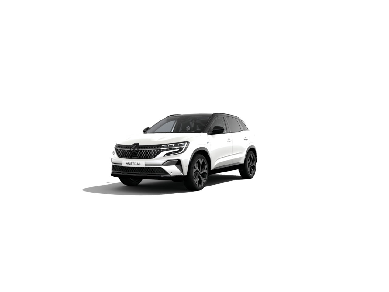 Weißer SUV Renault Austral mit schwarzem Dach und sportlichem Design auf weißem Hintergrund.