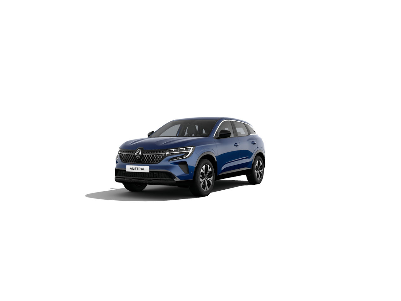 Renault Austral SUV in Blau mit modernem Design, frontal gesehen auf weißem Hintergrund.