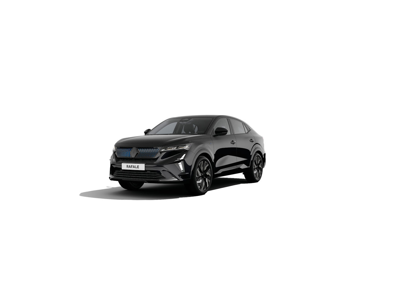 Schwarzes Auto der Marke Rafale, sportliches Design, Blickwinkel von vorne, auf weißem Hintergrund.