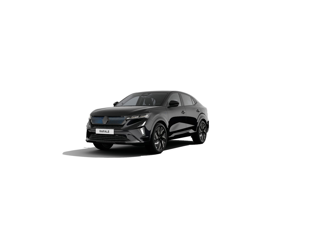 Schwarzes Auto namens Rafale auf weißem Hintergrund, sportliches Design und elegante Linien.