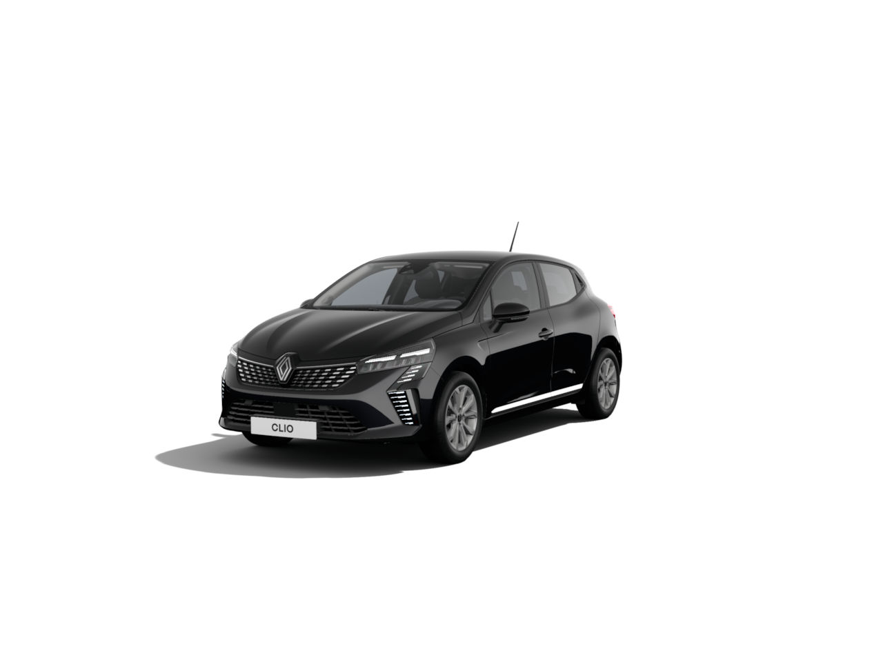 Schwarzer Renault Clio, moderne Kompaktlimousine, frontalansicht, auf weißem Hintergrund.
