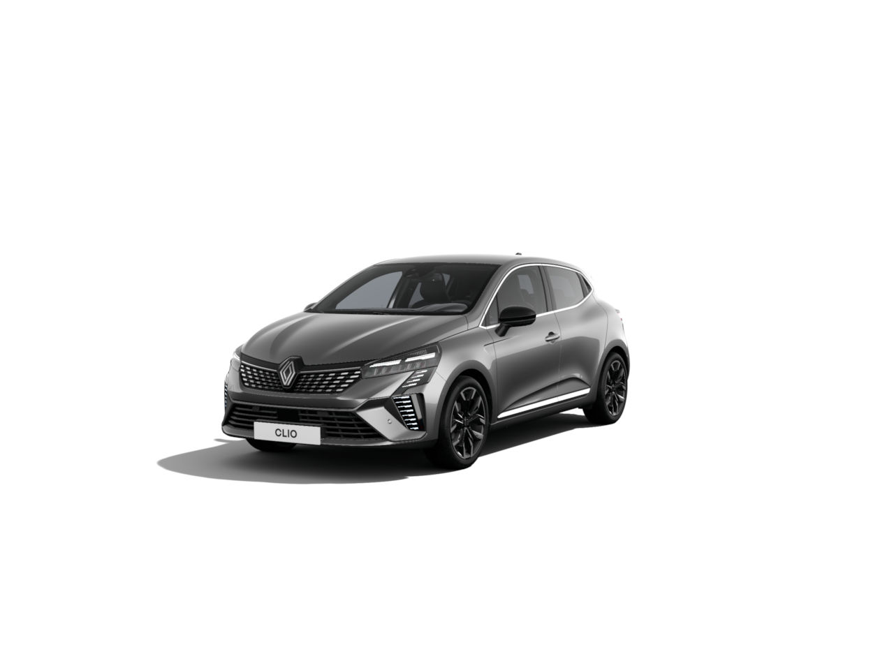 Schwarzer Renault Clio, modernes Design, sportliche Linien, Frontansicht auf weißem Hintergrund.