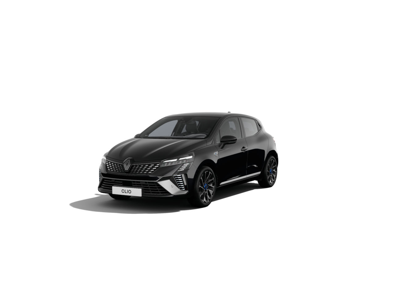 Schwarzer Renault Clio, modernes Design, vorne links positioniert, auf weißem Hintergrund.