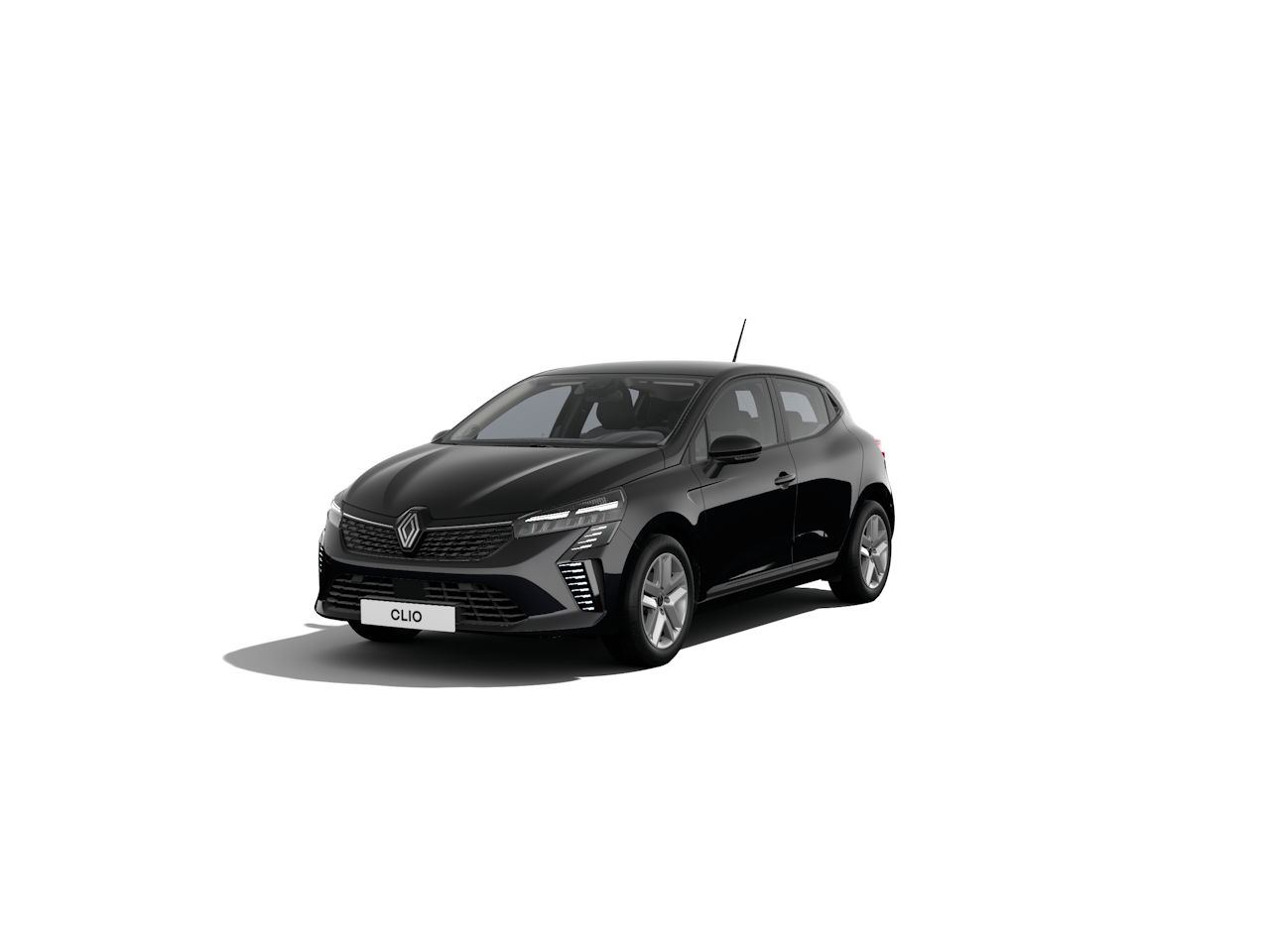 Schwarzer Renault Clio in drei Viertelansicht, modernes Design, kompaktes Fahrzeug. Ideal für Stadtfahrten.