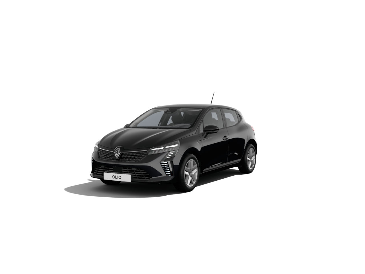 Schwarzer Renault Clio, modernes Design, frontal aufgenommen, in einer neutralen Umgebung.