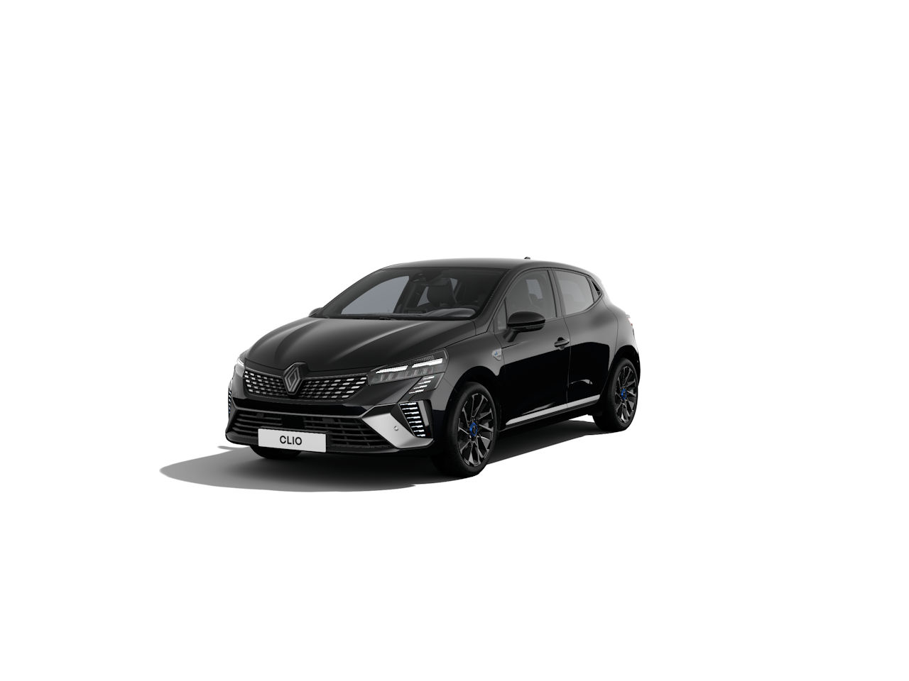 Schwarzer Renault Clio, kompakter Fahrzeugs, mit modernem Design und sportlichen Akzenten, auf weißem Hintergrund.