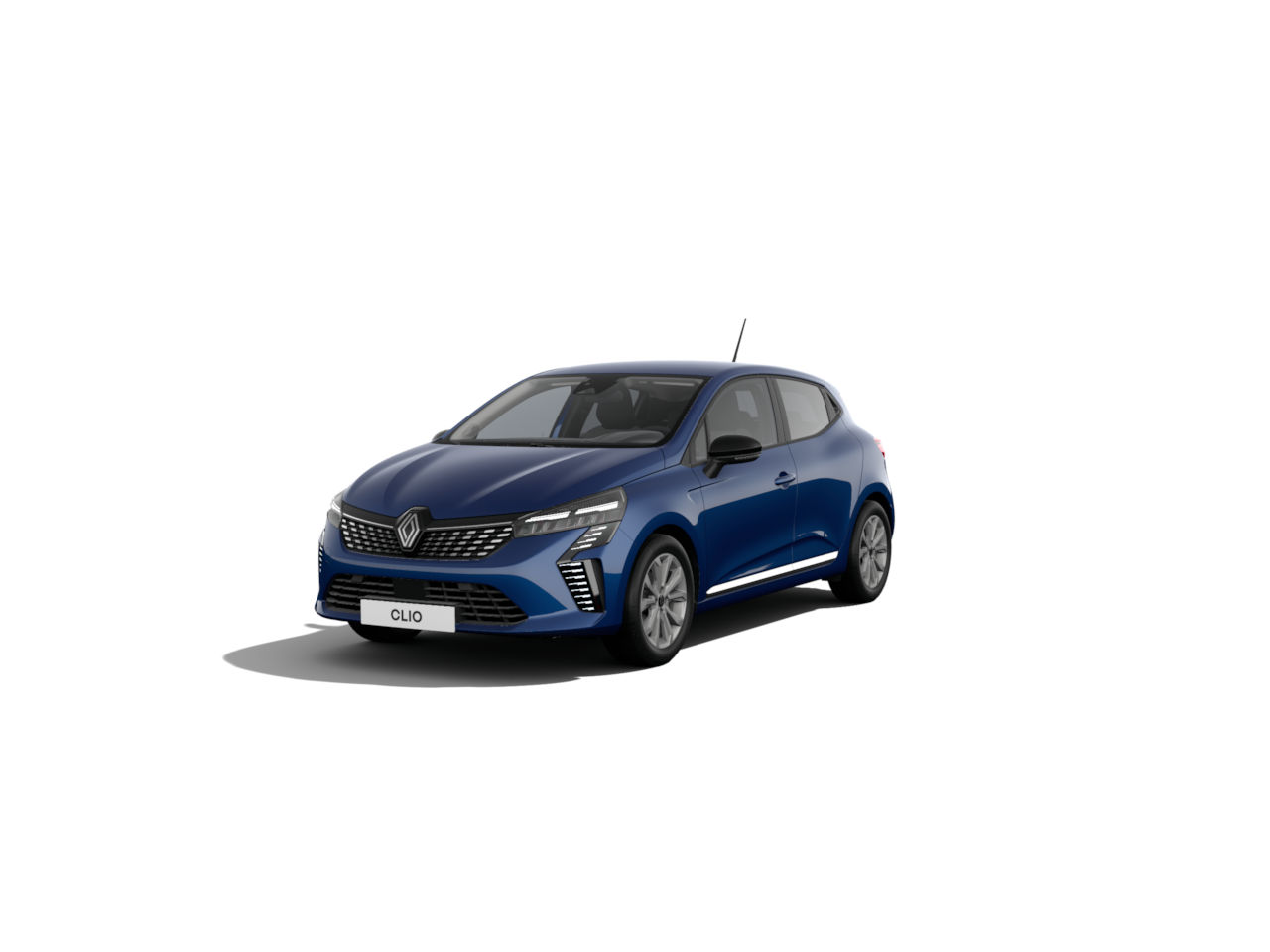Renault Clio in Blau, Modellansicht, kompakter Stadtwagen, modernes Design, sportliche Linienführung.