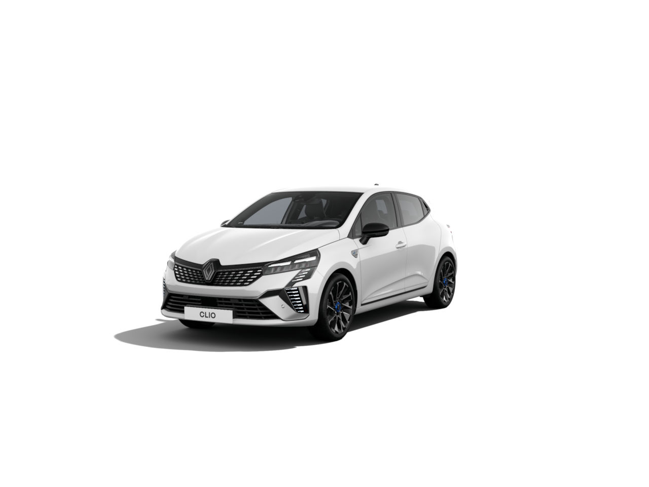 Weißer Renault Clio mit modernem Design und sportlichen Details, frontal abgebildet auf weißem Hintergrund.
