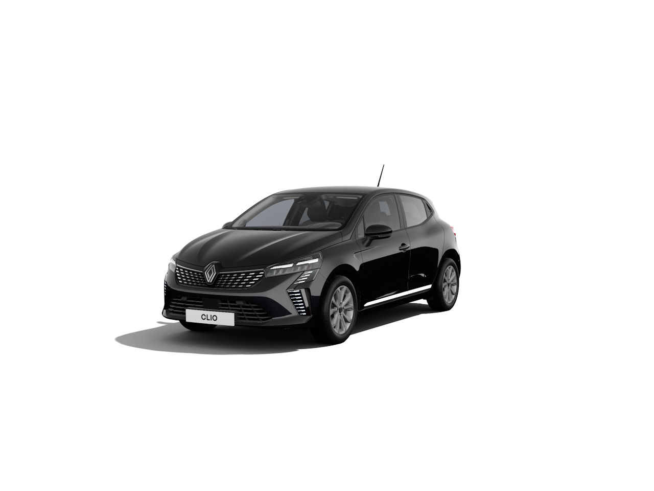 Schwarzer Renault Clio, moderner Kleinwagen, Frontansicht, auf weißem Hintergrund.