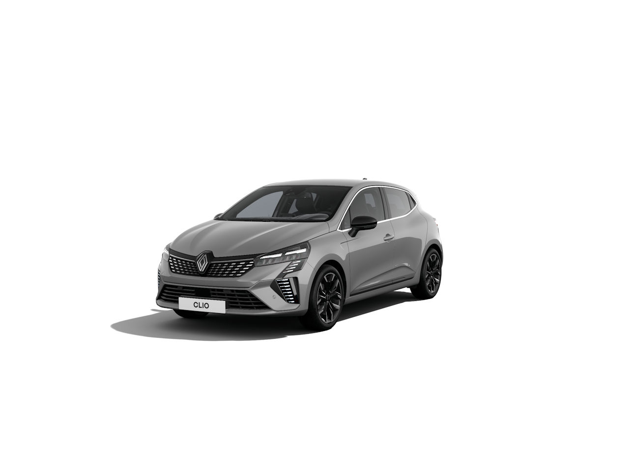 Der neue Renault Clio in Grau, modernes Design mit sportlichen Akzenten, vor weißem Hintergrund.