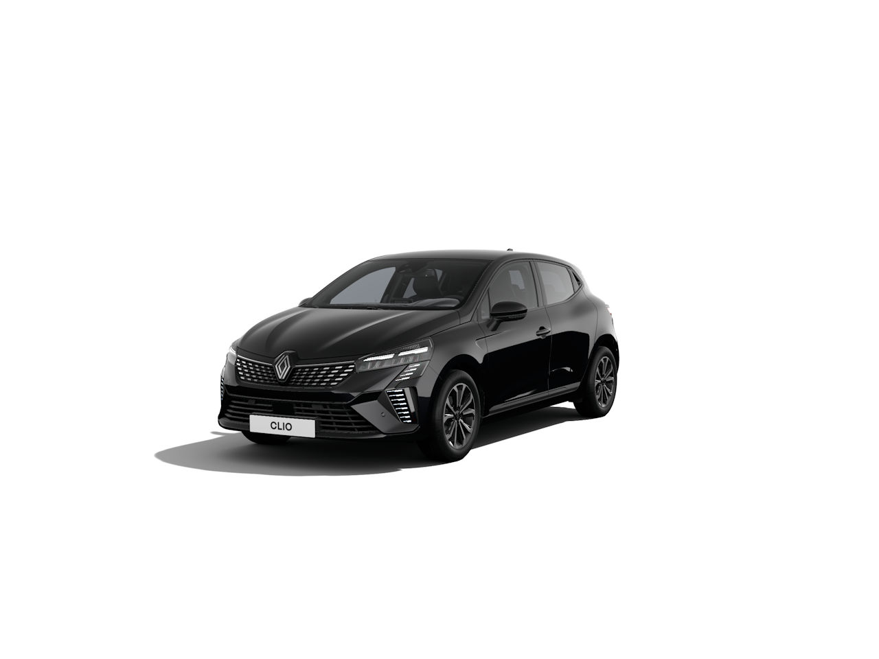 Schwarzer Renault Clio, moderner Kompaktwagen mit sportlichem Design, frontal abgebildet.