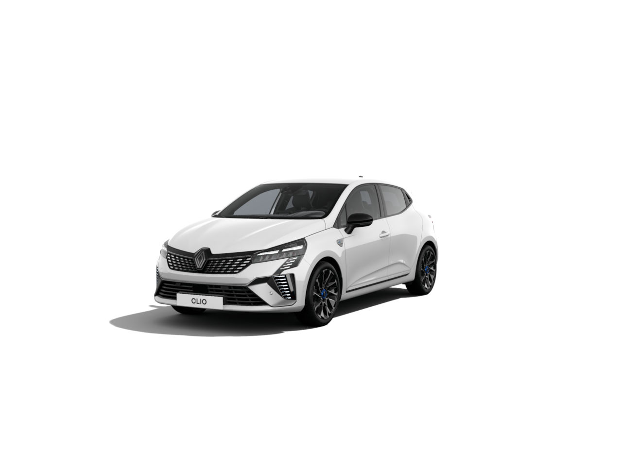 Weißer Renault Clio auf einem weißen Hintergrund, modern und sportlich gestaltet.