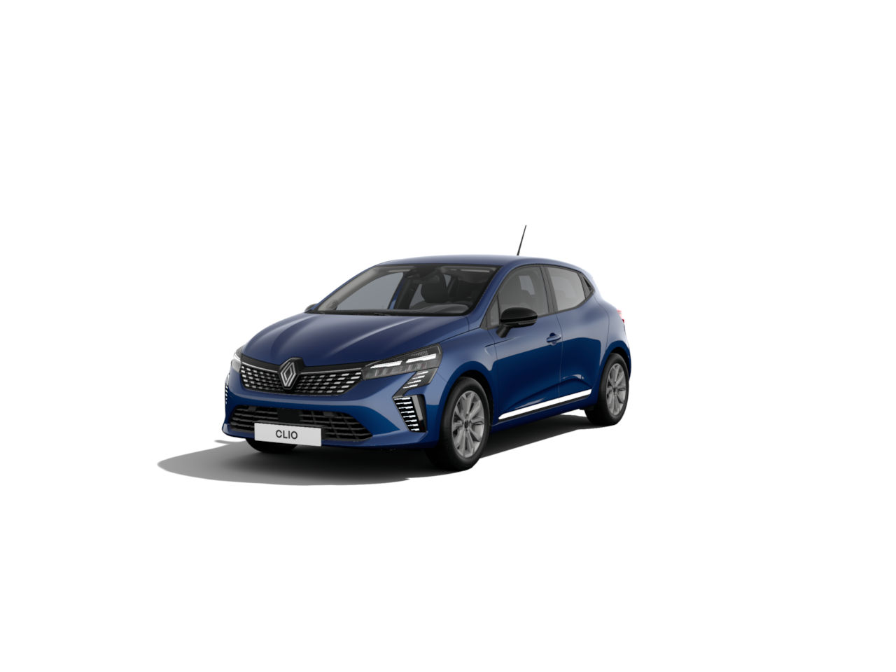 Renault Clio in blauer Farbe, kompakter Stadtwagen, moderne Linien, Frontansicht, weißer Hintergrund.