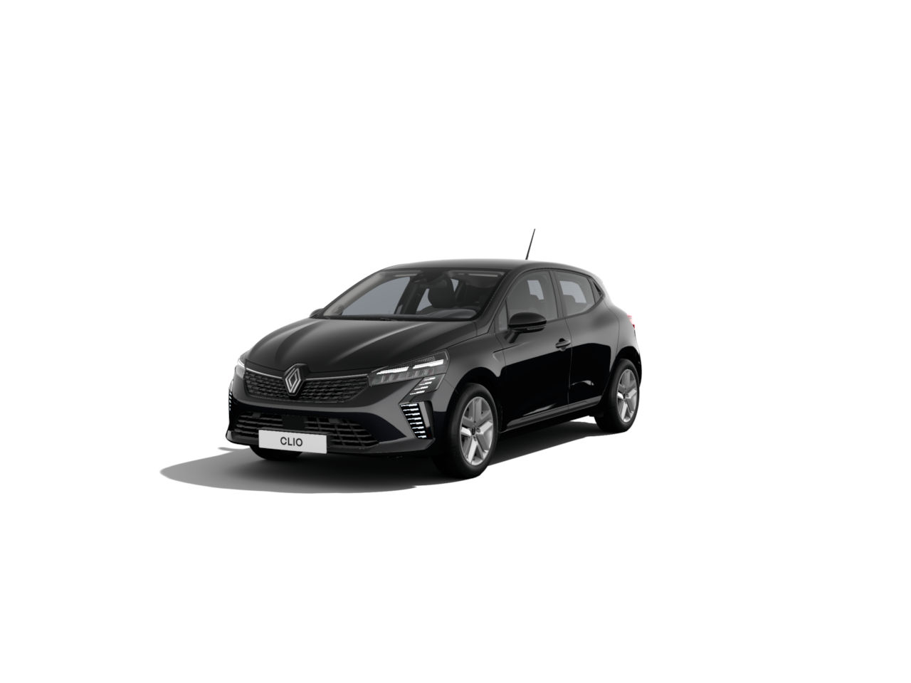 Schwarzer Renault Clio, moderne Kompaktlimousine, frontal ansichtig auf weißem Hintergrund.