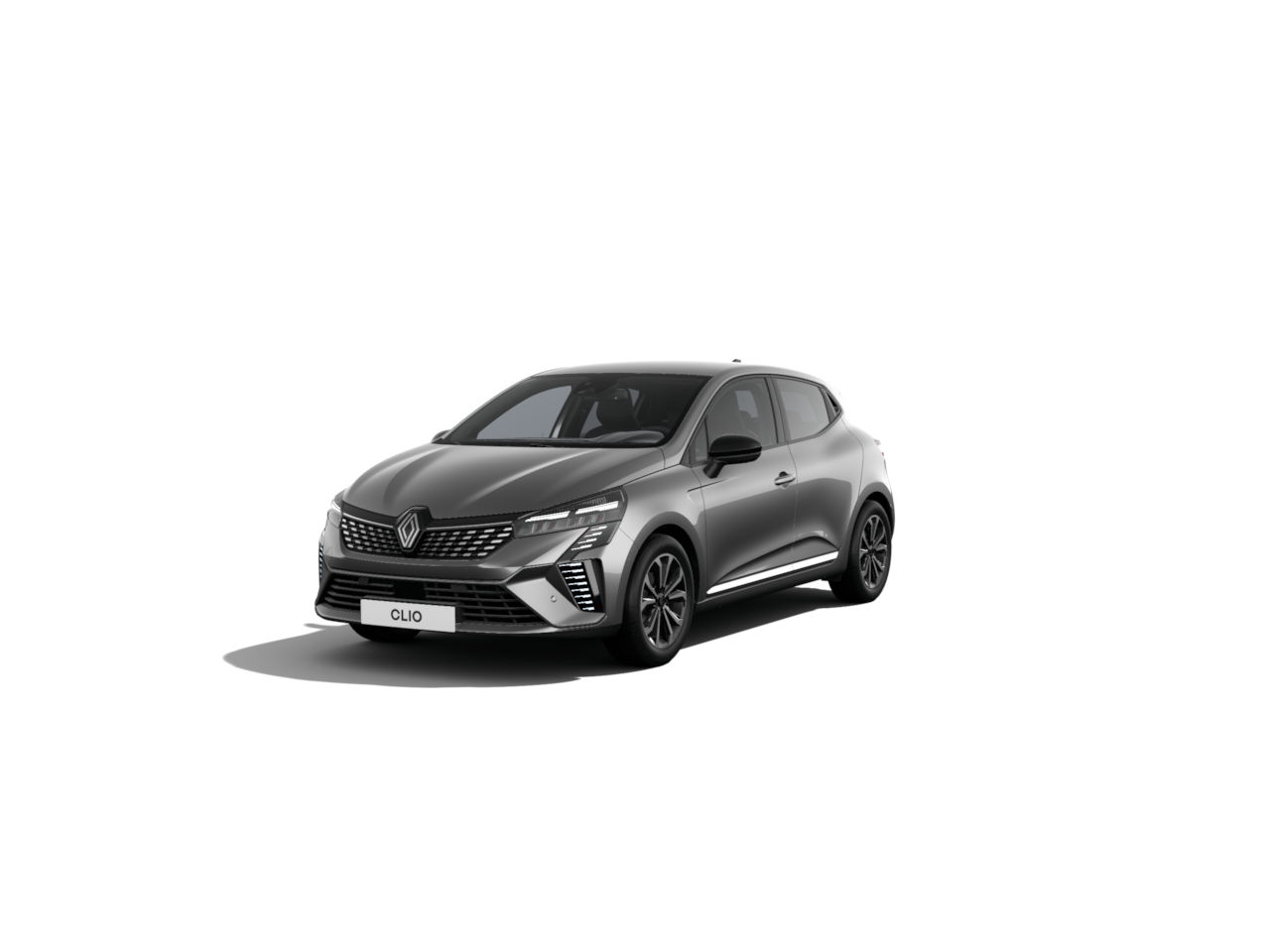 Renault Clio in Grau, sportliches Design, frontale Ansicht, auf weißem Hintergrund.