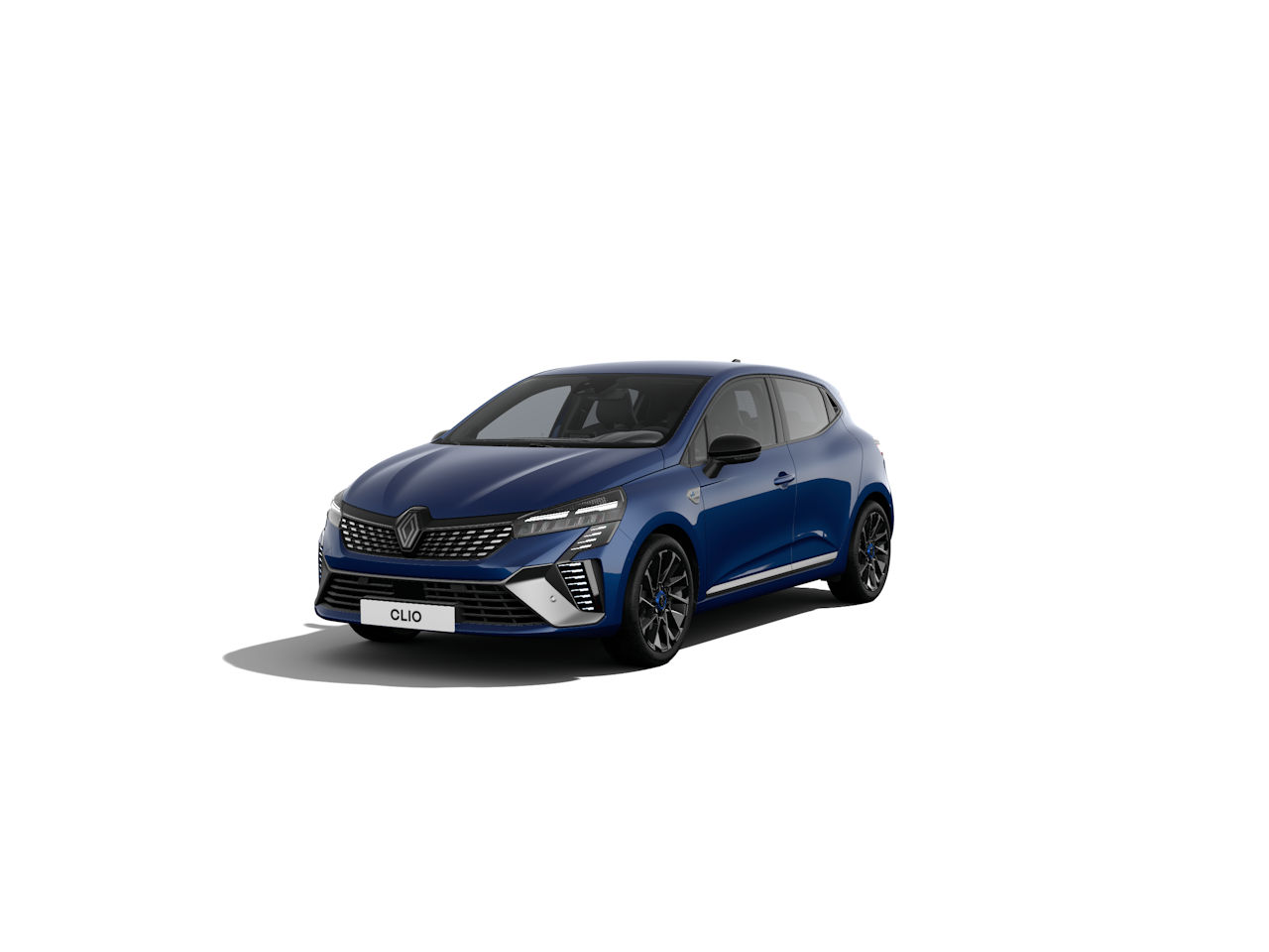 Renault Clio in blau, Vorderansicht, moderne Linienführung, trendiges Design, kompakter Stadtwagen.
