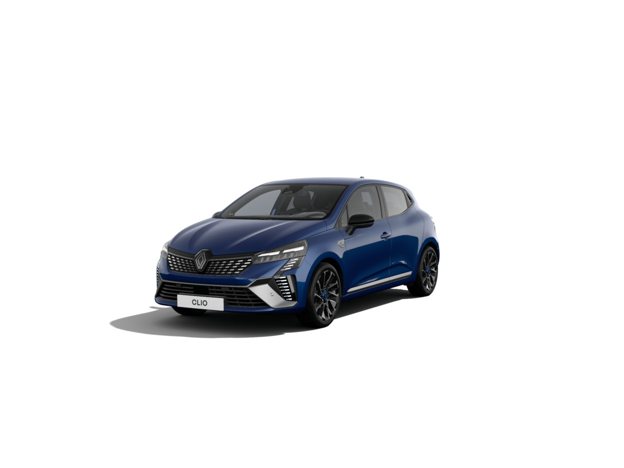 Renault Clio in blauer Farbe, modern und sportlich, auf einem weißen Hintergrund.