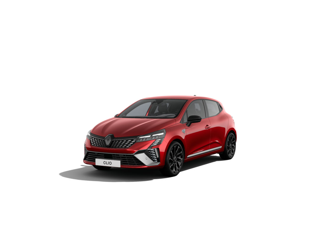 Renault Clio in glänzendem Rot, frontal von links präsentiert, modernes Design und sportliche Details.