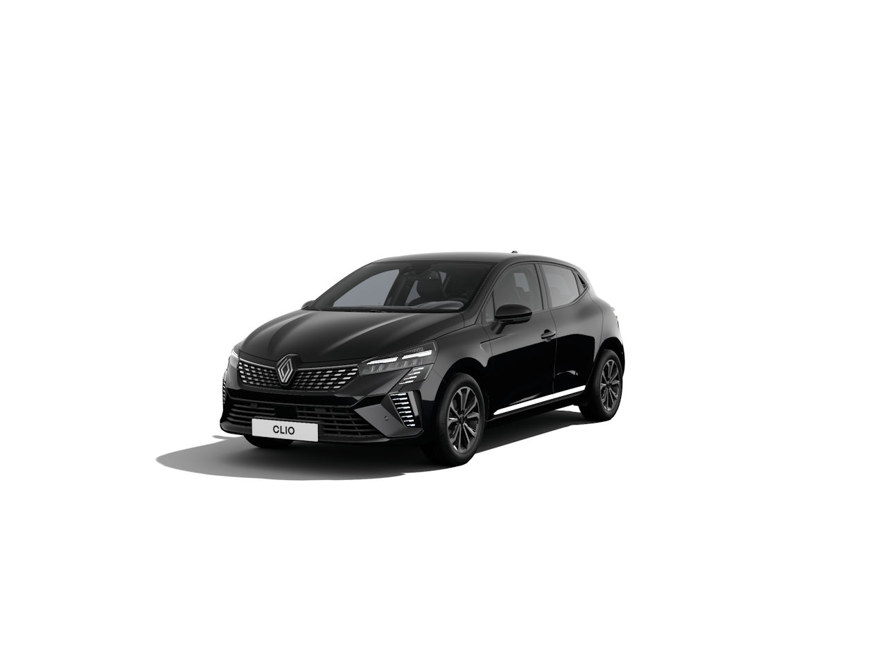 Schwarzer Renault Clio, moderner Kompaktwagen, seitlich auf weißem Hintergrund abgebildet.
