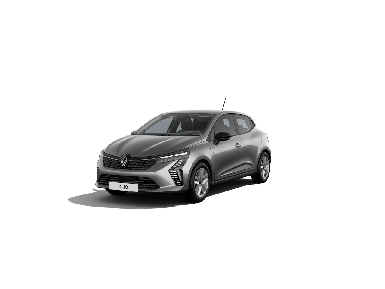 Renault Clio, moderne Limousine in Grau, auf weißem Hintergrund, frontal betrachtet.