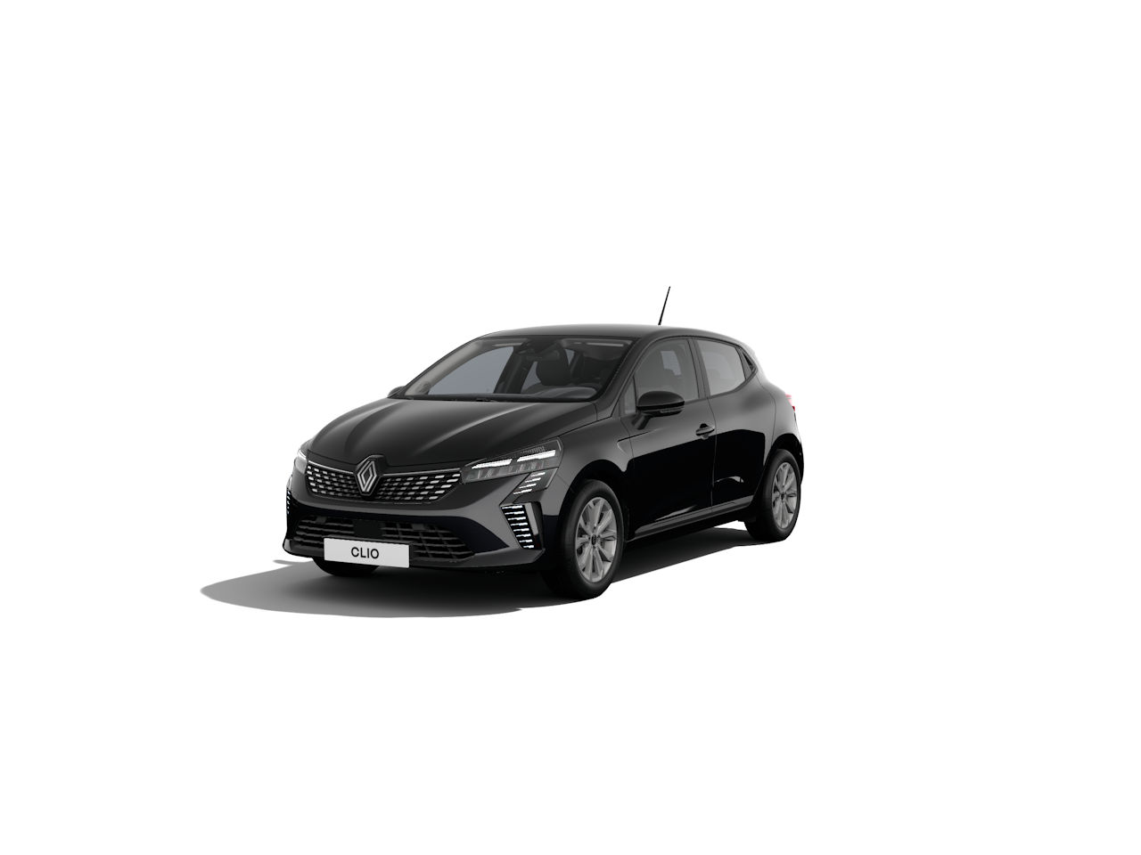 Schwarzer Renault Clio, frontansicht, kompakter Kleinwagen auf weißem Hintergrund.
